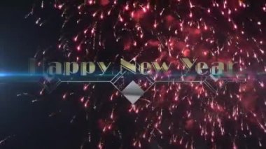 Happy new year text banner against blue spot of light and fireworks exploding on black background. new year celebration concept