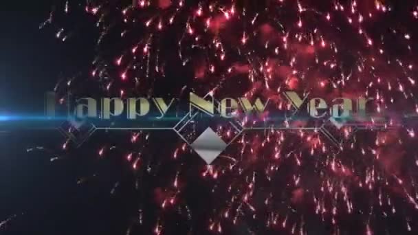 Happy New Year Text Banner Blue Spot Light Fireworks Exploding — Vídeos de Stock