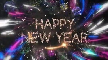 Renkli dijital dalgalar ve siyah arka planda patlayan havai fişeklere karşı mutlu yeni yıl afişleri. Noel şenliği ve kutlama konsepti