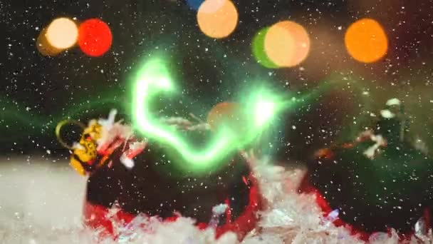 Beyaz Parçacıklar Düşüyor Yeşil Dijital Dalga Noel Süsleri Üzerine Işık — Stok video