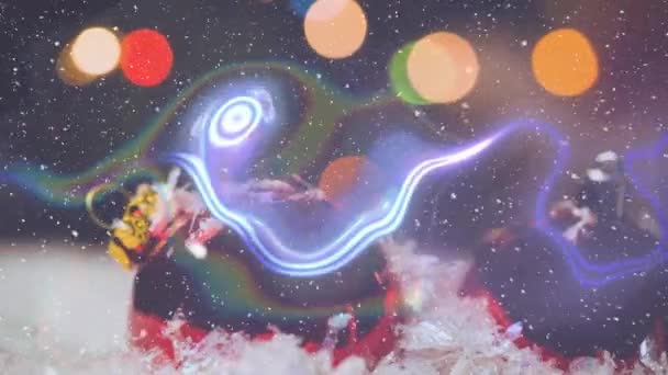 Beyaz Parçacıklar Düşüyor Mavi Dijital Dalga Noel Süsleri Üzerine Işık — Stok video