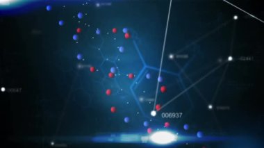Donanma arkaplanının üzerinde çeşitli verilerle DNA animasyonu. Bilim, insan biyolojisi, teknoloji ve dijital arayüz konsepti dijital olarak oluşturulmuş video.