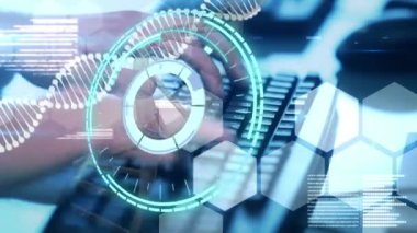 Beyaz kadın daktilosunun üzerinde DNA ipliği ve veri işleme ile tarama animasyonu. küresel bilim, bağlantılar ve veri işleme kavramı dijital olarak oluşturulmuş video.