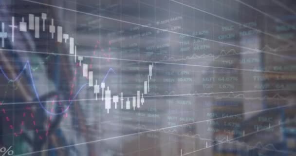 Animación Datos Financieros Gráficos Sobre Paquetes Almacén Comercio Servicios Entrega — Vídeo de stock