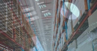 Depo üzerinden finansal verilerin ve grafiklerin animasyonu. ticaret, dağıtım hizmetleri, ekonomi ve teknoloji dijital olarak üretilmiş video.