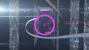 Mavi arkaplandaki veri işleme ve şekillerin canlandırılması. küresel teknoloji ve dijital arayüz kavramı dijital olarak oluşturulmuş video.