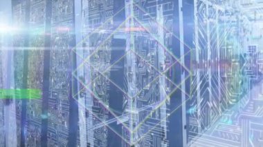 Sunucu odasındaki şekillerin ve parazitlerin animasyonu. küresel teknoloji ve dijital arayüz kavramı dijital olarak oluşturulmuş video.