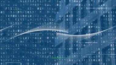 Şehrin üzerinde şekiller ve ikili kodlama animasyonları. küresel iş ve dijital arayüz konsepti dijital olarak oluşturulmuş video.
