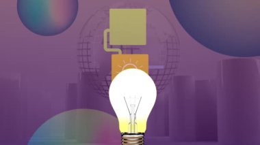 Medya simgeleri ve dünya üzerindeki ampullerin animasyonu. küresel iş ve dijital arayüz kavramı dijital olarak oluşturulmuş video.