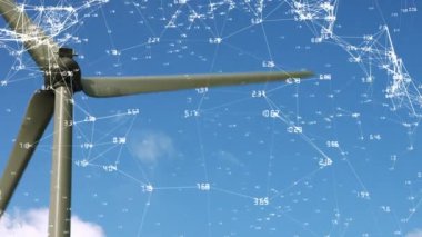 Rüzgar türbini üzerinden bağlantı ağının animasyonu. küresel teknoloji ve dijital arayüz kavramı dijital olarak oluşturulmuş video.