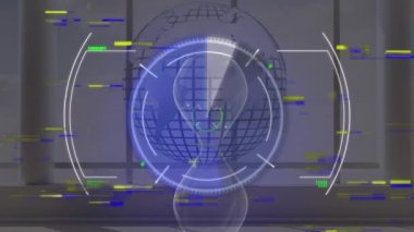 Kum saati ve küreyi tarayan mikroskobun animasyonu. küresel iş ve dijital arayüz kavramı dijital olarak oluşturulmuş video.