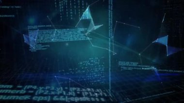 Mavi arkaplan üzerinde şekil ve veri işleme ile dünyanın animasyonu. küresel teknoloji ve dijital arayüz kavramı dijital olarak oluşturulmuş video.