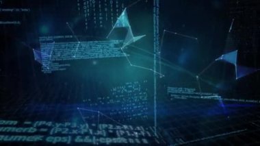 Siyah arkaplan üzerinde şekil ve veri işleme olan küre animasyonu. küresel teknoloji ve dijital arayüz kavramı dijital olarak oluşturulmuş video.