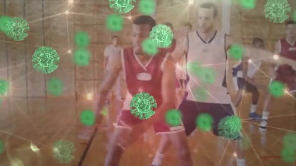 Virüs Hücrelerinin Animasyonu Spor Salonundaki Çeşitli Basketbol Oyuncuları Grubuyla Bağlantı — Stok video