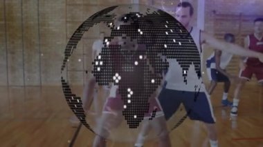 Spor salonundaki çeşitli basketbol oyuncuları grubu üzerinden dünya ve bağlantı ağının animasyonu. global spor ve dijital arayüz konsepti dijital olarak oluşturulmuş video.
