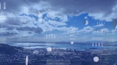 Şehirdeki çeşitli veri ve grafiklerin animasyonu. küresel finans, veri işleme ve teknoloji konsepti dijital olarak oluşturulmuş video.