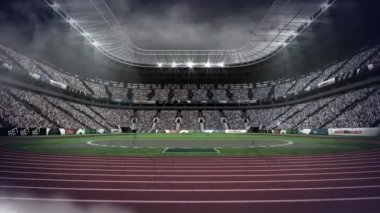 Spor stadyumunun üzerindeki bulutların ve şekillerin animasyonu. global spor ve dijital arayüz konsepti dijital olarak oluşturulmuş video.