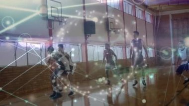 Sevgililer Günü mesajlarının animasyonu ve spor salonundaki çeşitli basketbol oyuncuları grubunun üzerindeki lekeler. global spor ve dijital arayüz konsepti dijital olarak oluşturulmuş video.