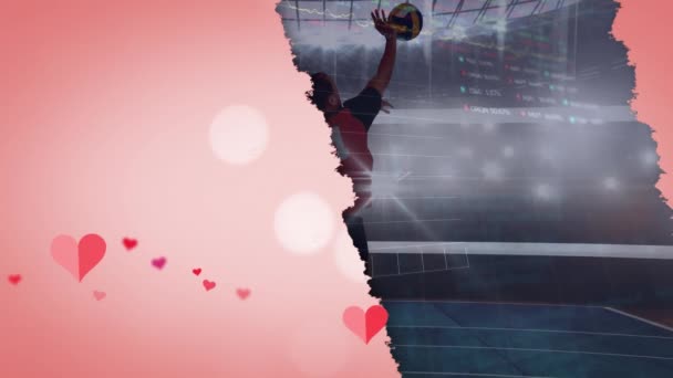 Animación Iconos Del Corazón Procesamiento Datos Sobre Jugador Voleibol Caucásico — Vídeos de Stock