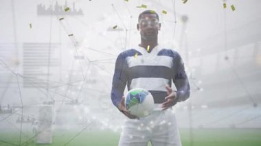 Afro-Amerikan ragbi oyuncusu üzerine Mutlu Sevgililer Günü mesajı ve konfeti animasyonu. global spor ve dijital arayüz konsepti dijital olarak oluşturulmuş video.