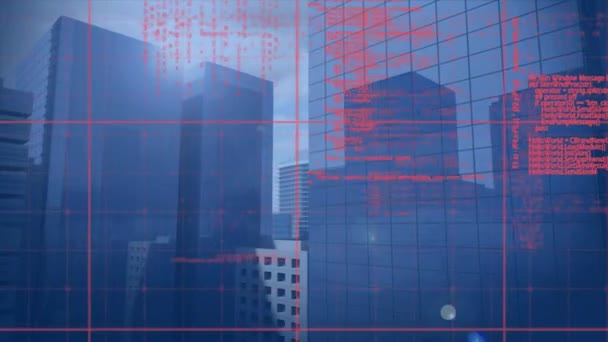 Animatie Van Gegevensverwerking Het Stadsgezicht Mondiaal Netwerk Gegevensverwerkings Technologieconcept Digitaal — Stockvideo