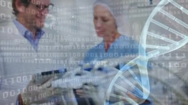 Tablet kullanan beyaz kadın ve erkek doktor üzerinde DNA dizisi ve ikili kodlama animasyonu. küresel tıp, veri işleme ve dijital arayüz kavramı dijital olarak oluşturulmuş video.