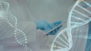 Tablet kullanan beyaz erkek doktor üzerinde DNA iplikçiklerinin dönmesi ve tıbbi veri işleme animasyonu. küresel tıp, veri işleme ve dijital arayüz kavramı dijital olarak oluşturulmuş video.