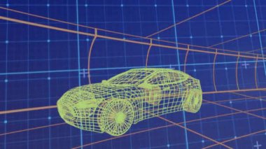 Mavi arka planda dijital arabanın üzerindeki veri işleme ve şekillerin animasyonu. küresel teknoloji ve dijital arayüz kavramı dijital olarak oluşturulmuş video.