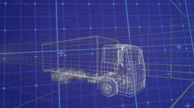 Mavi arka plandaki dijital kamyonun üzerindeki veri işleme ve şekillerin animasyonu. küresel teknoloji ve dijital arayüz kavramı dijital olarak oluşturulmuş video.