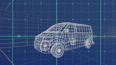 Mavi arka planda dijital arabanın üzerindeki veri işleme ve şekillerin animasyonu. küresel teknoloji ve dijital arayüz kavramı dijital olarak oluşturulmuş video.