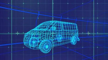 Mavi arka planda dijital arabanın üzerindeki veri işleme ve şekillerin animasyonu. küresel teknoloji ve dijital arayüz kavramı dijital olarak oluşturulmuş video.