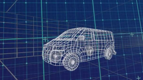 蓝色背景的数字汽车上的数据处理和形状动画 全球技术和数字接口概念数字生成视频 — 图库视频影像