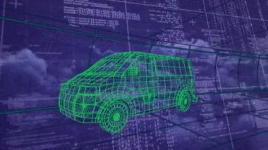 Dijital araba ve bulutların üzerinde veri işleme animasyonu. küresel teknoloji ve dijital arayüz kavramı dijital olarak oluşturulmuş video.