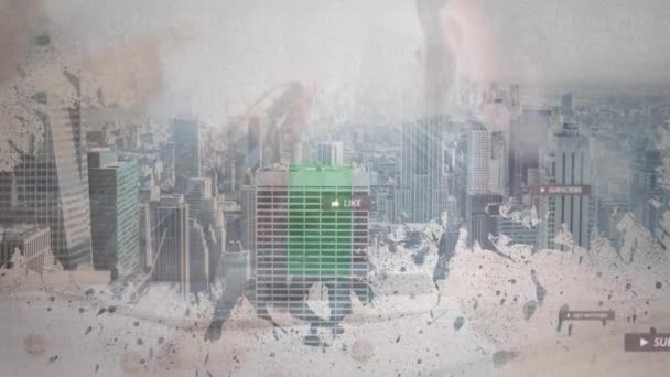 Animație Icoane Media Peste Peisaj Urban Conceptul Global Afaceri Interfață — Videoclip de stoc
