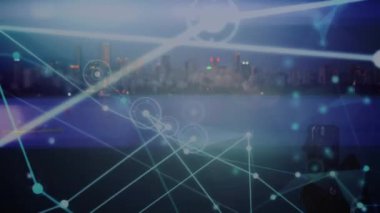 Animation of network of connections over cityscape. global business and digital interface concept digitally generated video.