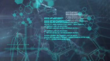 DNA ipliği üzerinde veri işleme animasyonu. küresel iş ve dijital arayüz kavramı dijital olarak oluşturulmuş video.