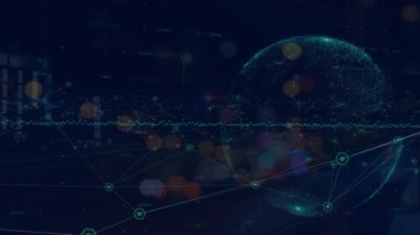 Şehirdeki simgeler ve dünya üzerindeki bağlantılar ağının animasyonu. küresel iş ve dijital arayüz kavramı dijital olarak oluşturulmuş video.