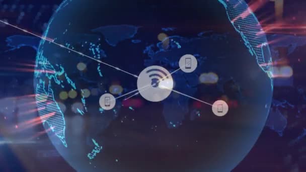 Анимация Сети Связей Иконами Глобусом Над Городским Пейзажем Глобальный Бизнес — стоковое видео