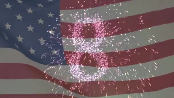 Animatie Van Vlag Van Amerika Boven Countdown Vuurwerk Patriottisme Viering — Stockvideo