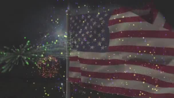 Animación Bandera América Ondeando Sobre Fuegos Artificiales Patriotismo Concepto Celebración — Vídeo de stock