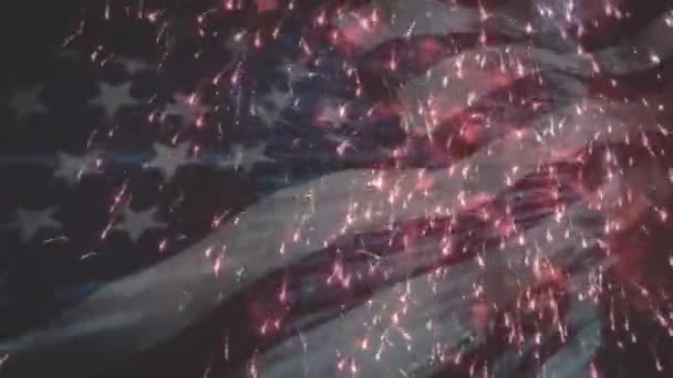 Animación Bandera América Ondeando Sobre Fuegos Artificiales Patriotismo Concepto Celebración — Vídeos de Stock