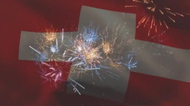 Havai fişeklerin üzerinde bayrak sallama animasyonu. Vatanseverlik ve kutlama konsepti dijital olarak oluşturulmuş video.