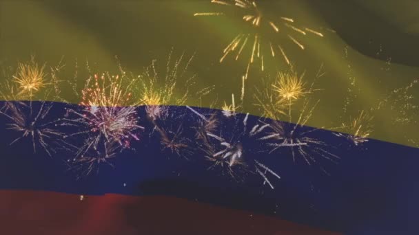 Animation Einer Kolumbianischen Flagge Die Über Einem Feuerwerk Weht Patriotismus — Stockvideo