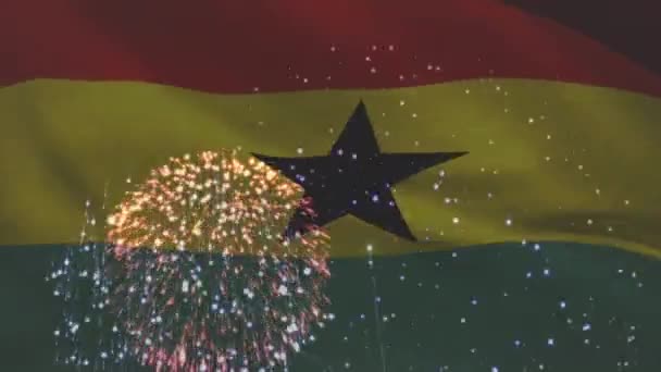 Animación Bandera Ghana Ondeando Sobre Fuegos Artificiales Patriotismo Concepto Celebración — Vídeo de stock