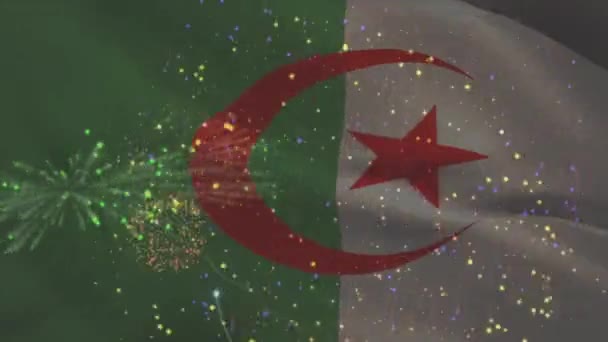 Animación Bandera Algeria Ondeando Sobre Fuegos Artificiales Patriotismo Concepto Celebración — Vídeo de stock