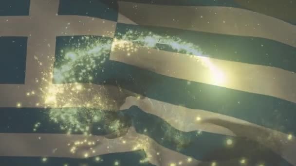 Animation Flag Greece Waving Fireworks Patriotism Celebration Concept Digitally Generated — Stockvideo