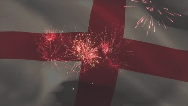 Animatie Van Vlag Van Engeland Zwaaiend Vuurwerk Patriottisme Viering Concept — Stockvideo