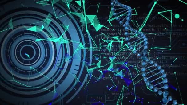 青い背景にデータ処理とDna鎖のアニメーション グローバル医療とデジタルインターフェースの概念デジタル生成されたビデオ — ストック動画