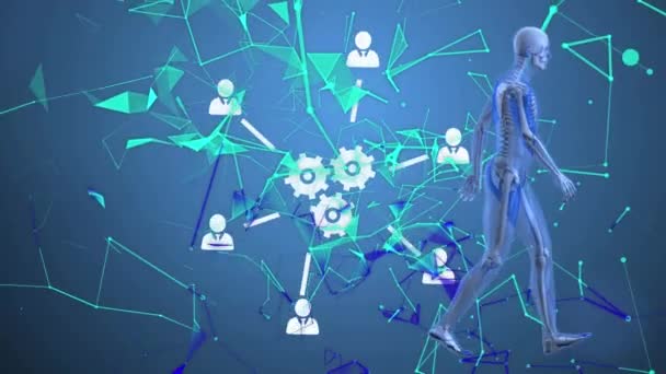 Animatie Van Media Iconen Digitale Mens Blauwe Achtergrond Global Medicine — Stockvideo