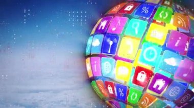 Dijital simgelerle oluşmuş dönen dünya üzerindeki sıra sıra noktaların animasyonu. küresel sosyal medya ve veri işleme kavramı dijital olarak oluşturulmuş video.